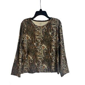 PM Charter Club Pima Cotton Top Brown Paisley Petite Medium Long Sleeve